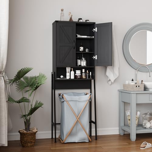 Vabches Over The Toilet Storage Cabinet with 2-Door Design Bathroom Organizers and Storage with Anti-Tip Device Over Toilet Organizer with Shelves for Bathroom,Restroom,Laundry Black
