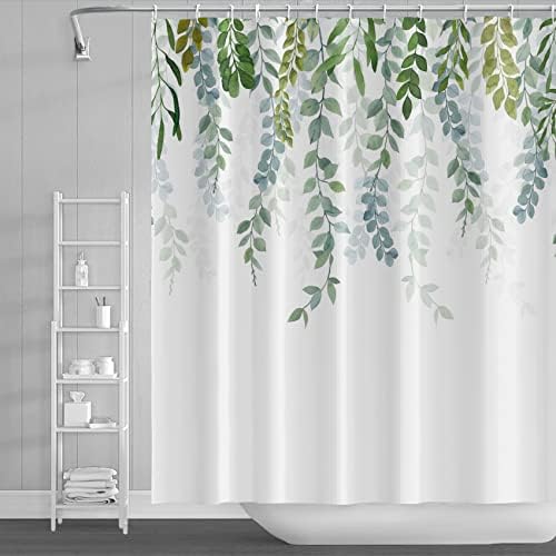 AWERT Plant Shower Curtain for Bathroom Sage Green Eucalyptus Waterproof Quick-Drying Green Leaves Shower Curtain Set with Hooks 60x72 Inch