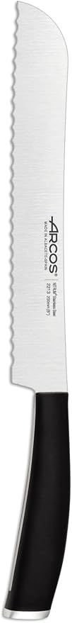 Arcos Bread Knife 8 Inch Nitrum Stainless Steel and 200 mm blade. Obtain a great variety of cuts for your food. Ideal knife for daily domestic use. Series Tango. Color Black