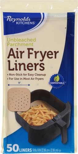 Reynolds Kitchens Air Fryer Liners Disposable, Unbleached Parchment Paper Sheets, 50 Count (Pack of 4)