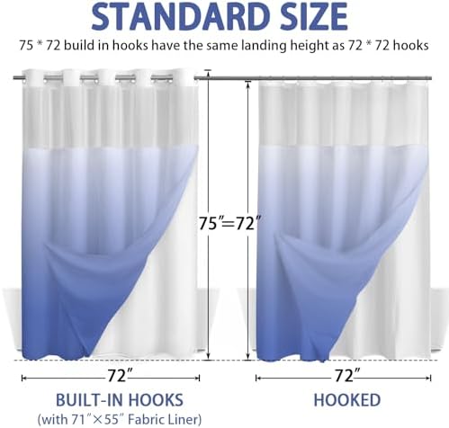 No Hook Shower Curtain with Liner Hotel Waffle Ombre Light Blue 72W X 75L