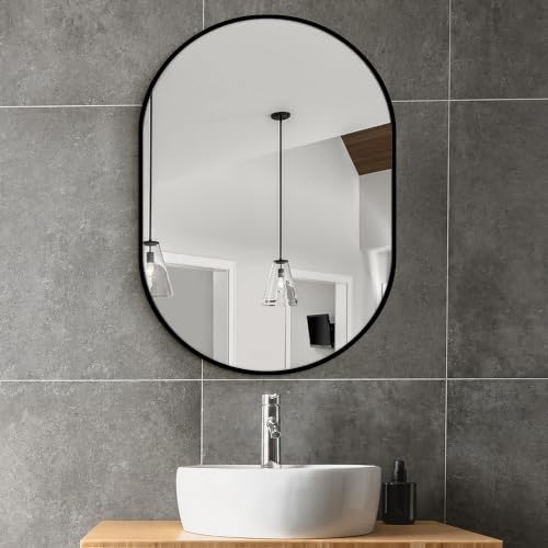 Delma 28x20 Black Oval Bathroom Mirror for Over Sink, Aluminum Frame