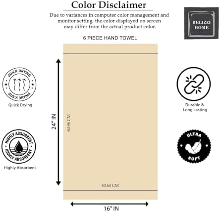 Belizzi Home Ultra Soft Cotton 6 -Piece Hand Towel Set 16x24, Ideal for use in Bathroom, Kitchen, Gym, Spa - Compact, Eco-Friendly, Lightweight - Multi Purpose Hand Towels - Tan