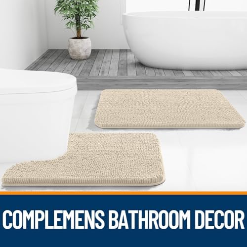 OLANLY Chenille Bathroom Rugs Mats Sets 2 Piece, 24"x16"+24"x20", Sand