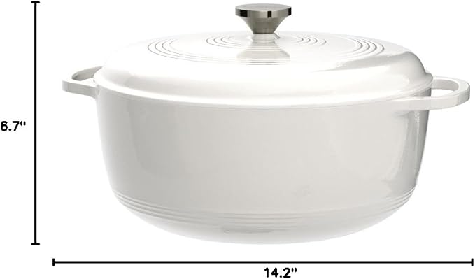 Lodge Essential Enamel Cast Iron Dutch Oven with Lid 7.5 Quart - Induction- Oven-Safe Enamel Cookware up to 500° F - Heat-Retaining Braising & Roasting Pot - Non-Toxic Cookware - Oyster White
