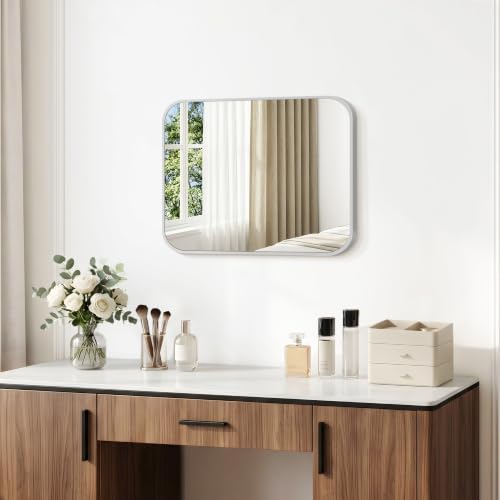 BONEWEI Silver Bathroom Mirror,18x24 inch Wall Mirror for Bathroom Wall Mounted,Rectangle Mirror for Bathroom Over Sink,Modern Frame Round Corner for Living Room,Bedroom Entryway,Horizontal/Vertical