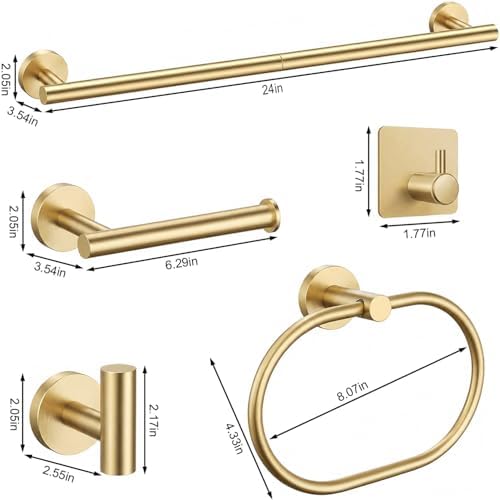 Brushed Gold Bathroom Accessories Set, 7 Pieces Gold Towel Bar Bathroom Hardware Set, 24 Inch Towel Racks for Bathroom, SUS304 Stainless Steel Bathroom Towel Holder Toilet Paper Holder Wall Mounted