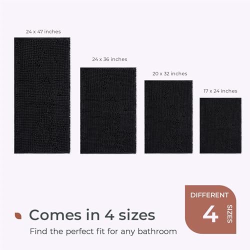 FRESHMINT Large Chenille Bathroom Rugs Mat 36”x24”, Non-Slip Bath Mat for Bathroom Floor & Bathtub, Washable Shower Shag Bath Rugs, Soft Fluffy Thick Water Absorbent Microfiber Shower Mat, Black
