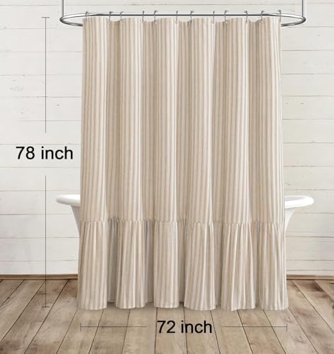 Farmhouse Shower Curtain Ruffle Linen Cream-Beige Stripe 72"W x 78"L