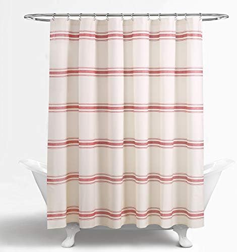 Lush Decor Farmhouse Stripe Cotton Shower Curtain, 72" W x 72" L, Red - Striped Bathroom Curtain - Fabric Shower Curtains - Farmhouse Bathroom Decor