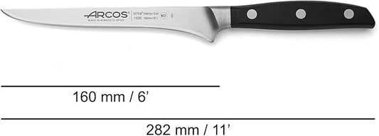 Arcos Boning Knife 6 Inch Nitrum Stainless Steel and 160 mm blade. Professional Butcher Knife to Slice Bones from Meat. Ergonomic Polypropylene Handle. Series Manhattan. Color Black.