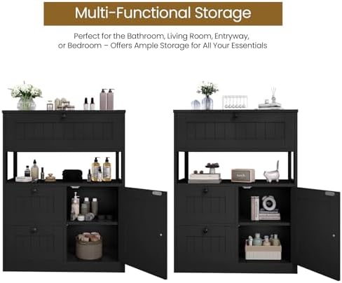 GRUSIGN Storage Cabinet, Modern Bathroom Floor Storage Cabinet Organizer with 1 Door and 3 Drawers, Freestanding Cupboard for Kitchen/Living Room Use