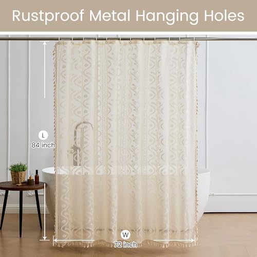 WAZZIO Vintage Lace Shower Curtain for Bathroom 72" W x 84" L, Victorian Farmhouse Floral Pattern Tassel Fancy Shower Curtain Boho Washable Cloth Decorative Bath Curtains,1 Panel