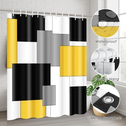 Bathroom Sets with Shower Curtain and Rugs 4 Pcs, Geometric Yellow