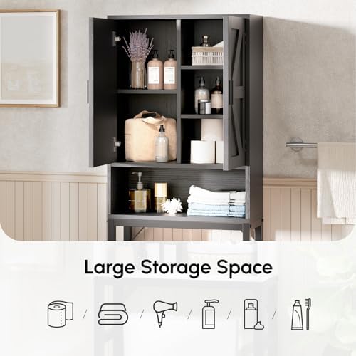 USHOWER Black Over The Toilet Storage Cabinet with Barn Doors