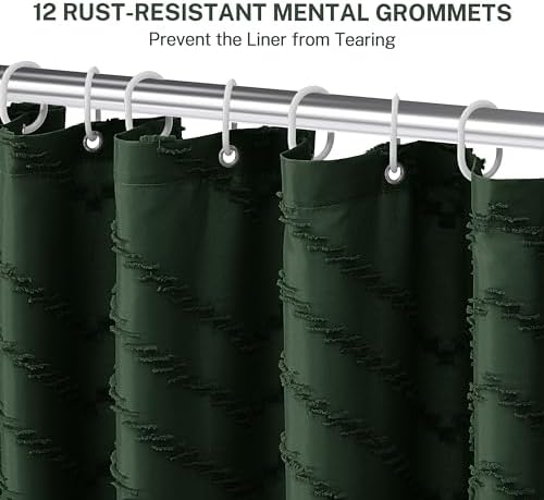 Siiluminisoy Extra Long Dark Green Boho Shower Curtain with Tassel, Woven Fabric 90 in, Tufted Chevron Striped, 72 x 90, Modern Chic Textured Minimalist Bathroom