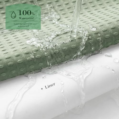 Dynamene Sage Green Hook Free Waffle Shower Curtain & Snap-in Liner,54x81