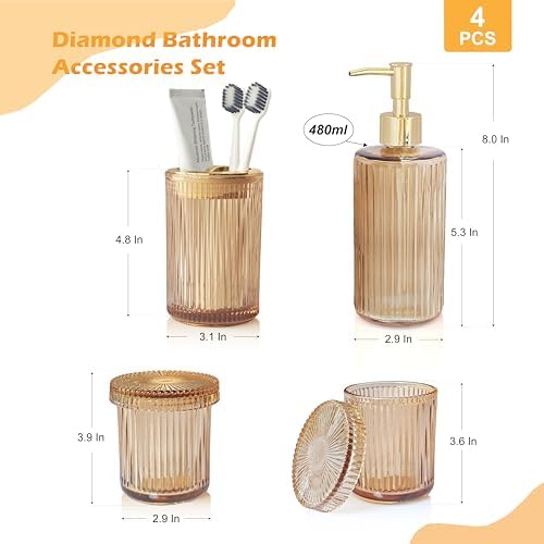 4 Pcs Brown Bathroom Accessories Set, Glass Bathroom Set, Soap Dispenser, Toothbrush Holder, Qtip Holders, Modern Bathroom Decor, Housewarming Gift Set (Amber Brown)