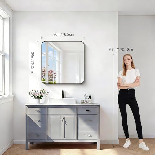 Black Bathroom Mirrors for Wall, 30"x30" Square Mirror, Rounded Corner Metal Frame Wall Mirror, Bathroom Vanity Mirror for Bedroom Living Room Entryway Horizontal Or Vertical Mounting