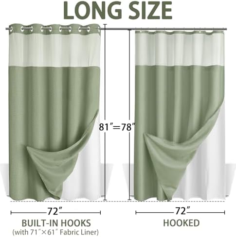 No Hook Shower Curtain with Liner Set Hotel Waffle Sage Green 72W X 81L