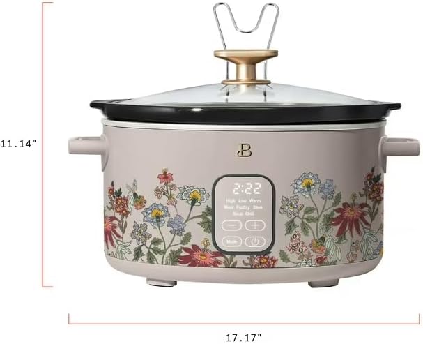 B 6 Qt Programmable Slow Cooker with Digital Timer, 5 Cooking Functions, Removable Ceramic Pot, Tempered Glass Lid, Dishwasher Safe (Wildflower Porcini Taupe)