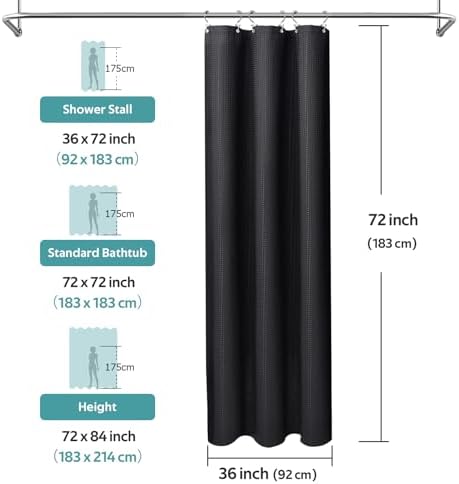 Vipfree 3 in 1 Shower Curtain Set, Waffle Shower Curtain and Liner Set with 6 Double Sided Shower Curtain Hooks, 258GSM Luxury Weighted Cloth Shower Curtain for Shower Stall, 36 W x 72 H, Black