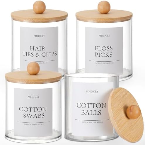 Bathroom Organizers and Storage,4 Pack Bathroom Accessories,Bathroom Decor,Home Decor,Bathroom Storage and Organization,Qtip Holder for Room Decor Aesthetic (bamboo lids)