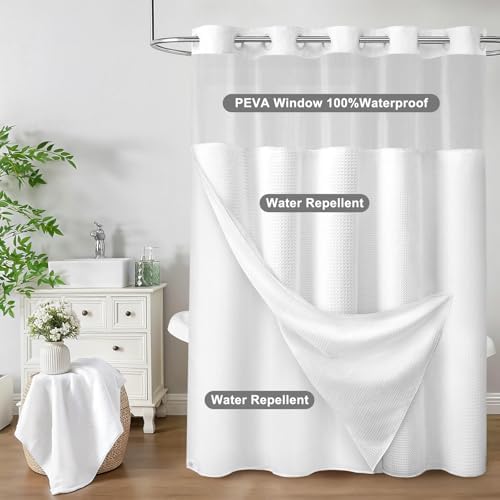 No Hook Shower Curtain with Liner Hotel Waffle PEVA Window White 72W X 75L