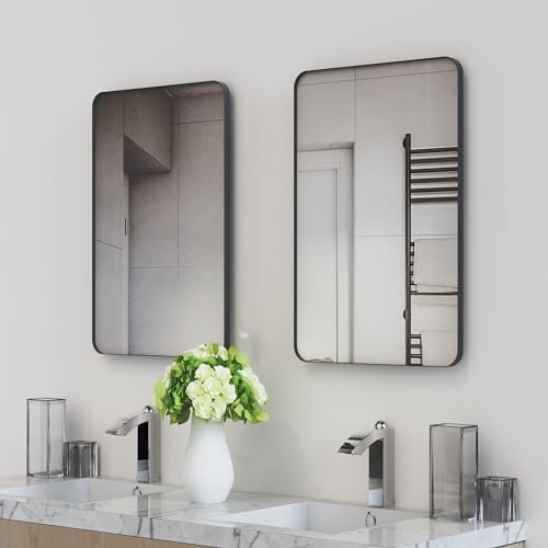 VocalStar Black Metal Framed Bathroom Mirror for Wall, 16 x 24 Inch Rounded Rectangle Matte Black Bathroom Vanity Mirror Farmhouse, 1/4-inch Shatterproof Glass | Ultra-Flush Hanging