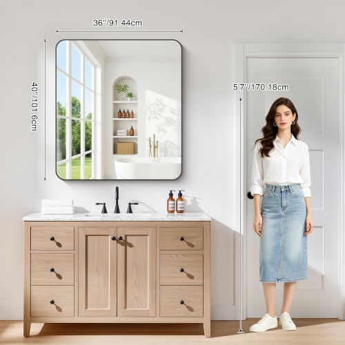 FORBATH Bathroom Mirror 36x40 Inch, Large Rectangular Wall Mirror with Black Aluminum Frame, Rounded Corners, Horizontal or Vertical Mount for Bathroom, Bedroom, Entryway
