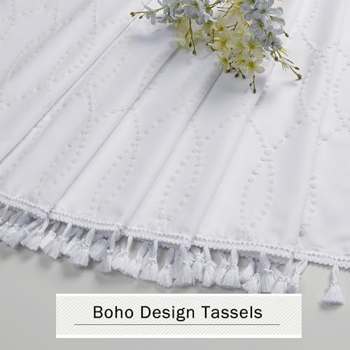 OVZME White Shower Curtain for Bathroom, Puff Printed Textured Shower Curtain with Tassels, Rustic Geometry Heavy Duty Vintage Country Bathroom Curtain, Water Resistant Fabric, 72Wx72L Inches