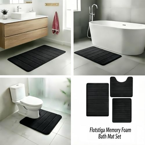 Memory Foam Bath Mat Set 3 Piece,Super Soft Absorbent Bathroom Rug Non Slip, Quick Dry,Machine Wash, Perfect Plush Bathroom Rugs,Home Decor Accessories,Black