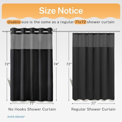 RiverDream Heavyweight Waffle No Hook Shower Curtain with Liner,Black,71x74