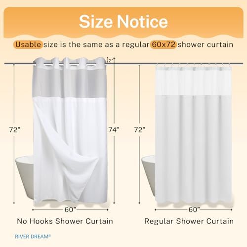 River Dream Heavyweight No Hooks Required Dotted Waffle Weave Shower Curtain with Snap in Liner - 60W x 74L, Hotel Grade, Spa Like Bath Curtain, White