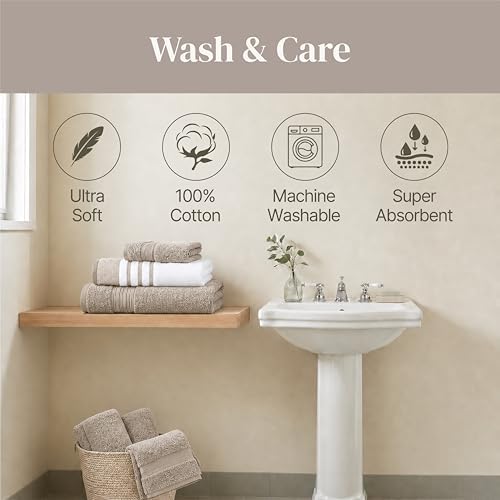 Modern Threads 6 Piece Bath Towel Set – Bathroom Towel Set with 2 Bath Towels, 2 Hand Towels & 2 Washcloths – 100% Cotton, Soft & Absorbent – Classic Border Stripe (Brown)