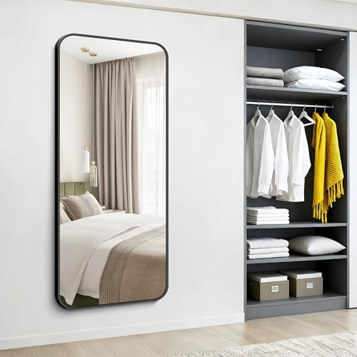 Black Bathroom Mirror, 66x30 inch Aluminum Metal Frame Rectangular Vanity Mirror, Large Wall Mounted Rectangle Mirrors with Rounded Corner for Over Sink Bedroom Living Room Horizontal/Vertical