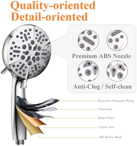 High Pressure Shower Head with Handheld - 5 Spray Settings High Flow Detachable Rain Shower Heads with 60” Extra-long Stainless Steel Hose and Adjustable Bracket with Brass Joint – Brushed Nickel