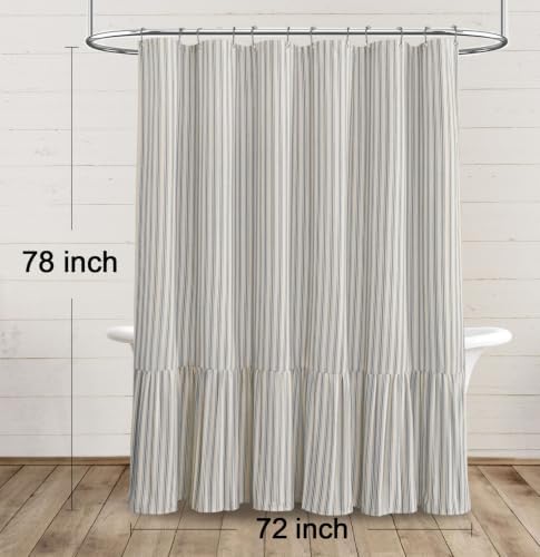 Farmhouse Shower Curtain Ruffle Linen Cream-Grey Stripe 72"W x 78"L