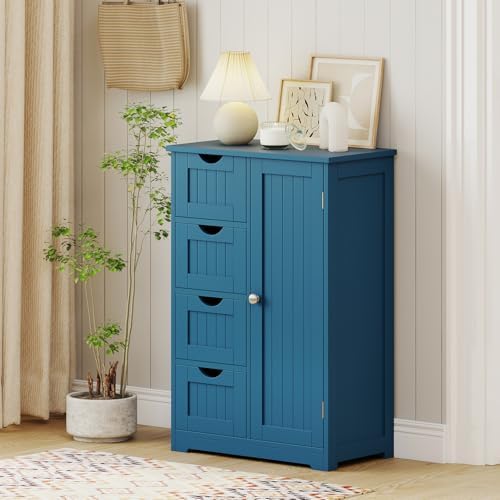 Giantex Bathroom Cabinet, Freestanding Storage Cabinet with 1 Door & 4 Drawers, 3-Level Adjustable Shelf, Anti-toppling System, Modern Storage Organizer for Bathroom, Living Room, Kitchen (Blue)