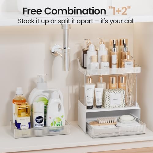 Delamu 4-Tier Makeup Organizer, Bathroom Counter, 2 Drawers,Clear 2Pack