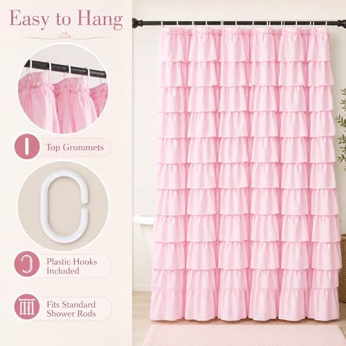 Pink Ruffle Shower Curtain for Master Bathroom, 72 x 84, Ruffled Layered