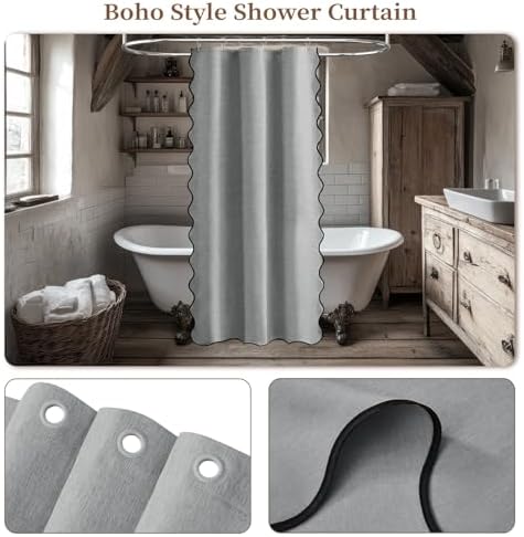 BTTN Boho Scalloped Linen Textured Cloth Shower Curtain, 60x84, Grey/Gray