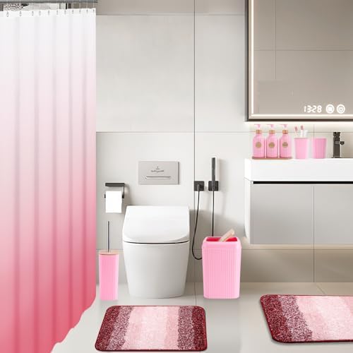XLHOMO Bathroom Accessories,Bathroom Set with Shower Curtain,Rugs,Trash Can,Lotion Soap Dispenser,Toothbrush Holder,Soap Dish, Tags with Tray(Pink1 ),(Bath Set+Shower Curtain+Bath Rugs)