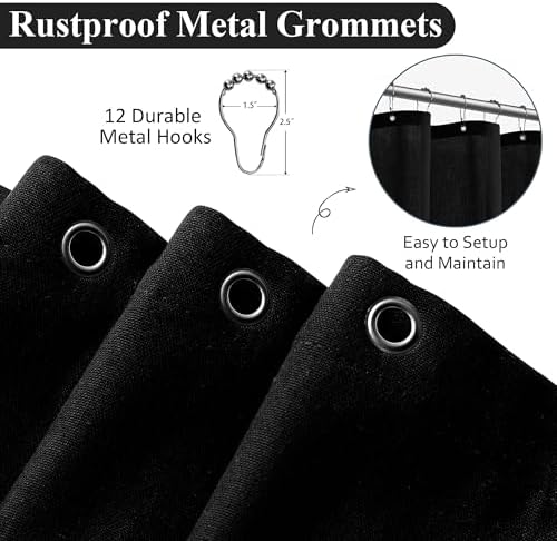 Naturoom Linen Shower Curtain 72 Inch Long for Bathroom Black 1 Panel