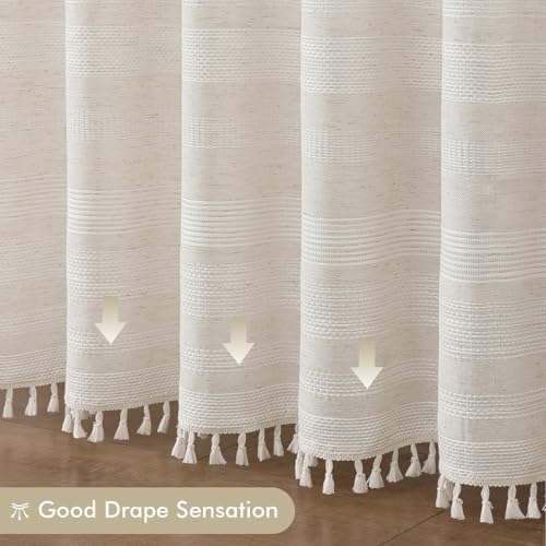 OVZME Extra Long Linen Shower Curtain - 84 Inch Long, Modern Farmhouse Heavy Duty Textured Soft Fabric, Rustic Country Boho Cloth Shower Curtain with Tassel for Bathroom Hotel, 72Wx84L Inches