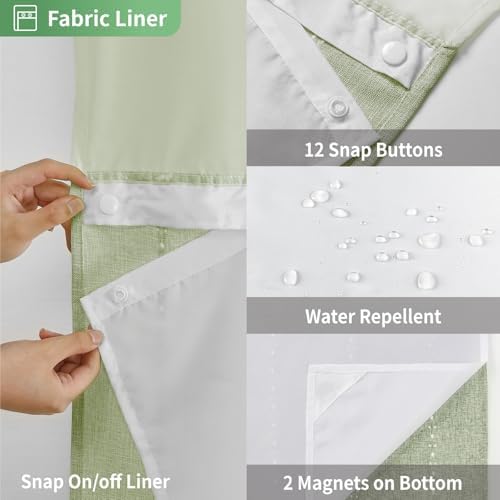 eachope No Hook Long Shower Curtain Set with Snap-in Fabric Liner,Linen Ultra Thick Fabric with Tassels,Boho Chic Modern Farmhouse Country Neutral Cloth Shower Curtains for Bathroom,Sage Green,71x80
