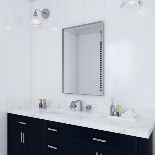 VocalStar Silver Bathroom Mirror for Wall, 24 x 32 Inch Rounded Rectangle Nickel Metal Framed Bathroom Vanity Mirrors, 1/4-inch Shatterproof Glass | Ultra-Flush Hanging