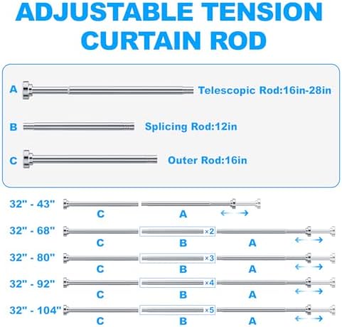 TEECK Shower Curtain Rod, 32-104 inch Adjustable Spring Tension Curtain Rod, Never Rust Anti-Slip Shower Curtain Rod for Bathroom, No Drilling, Never Collapse, Easy to Use, Silver