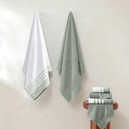 Modern Threads 6 Piece Bath Towel Set – Bathroom Towel Set with 2 Bath Towels, 2 Hand Towels & 2 Washcloths – 100% Cotton, Soft & Absorbent – Classic Border Stripe (Green)