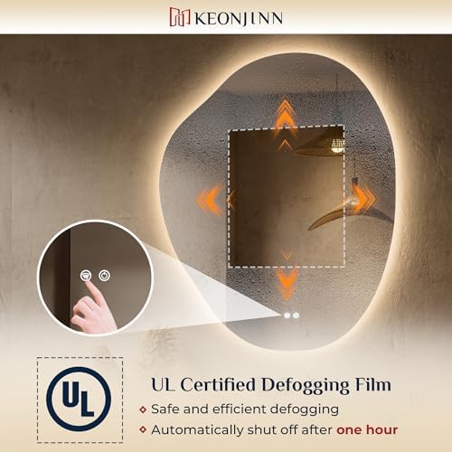 Keonjinn Asymmetrical LED Bathroom Mirror 30 x 36 Inch, HD Tempered Glass